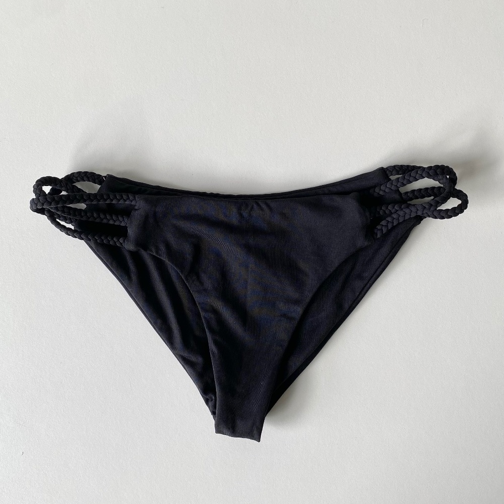 Frankie's Bikinis, Ultra Low Rise Black Bikini Bottom, XS Women's.